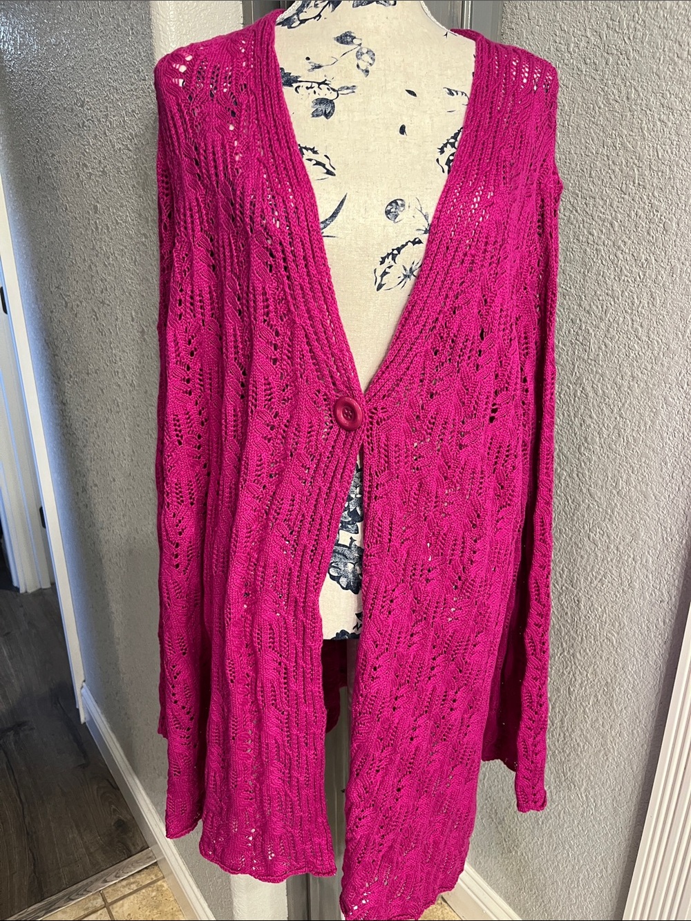 Woman Within Open-Knit Button Cardigan in Fuchsia Pink NWOT